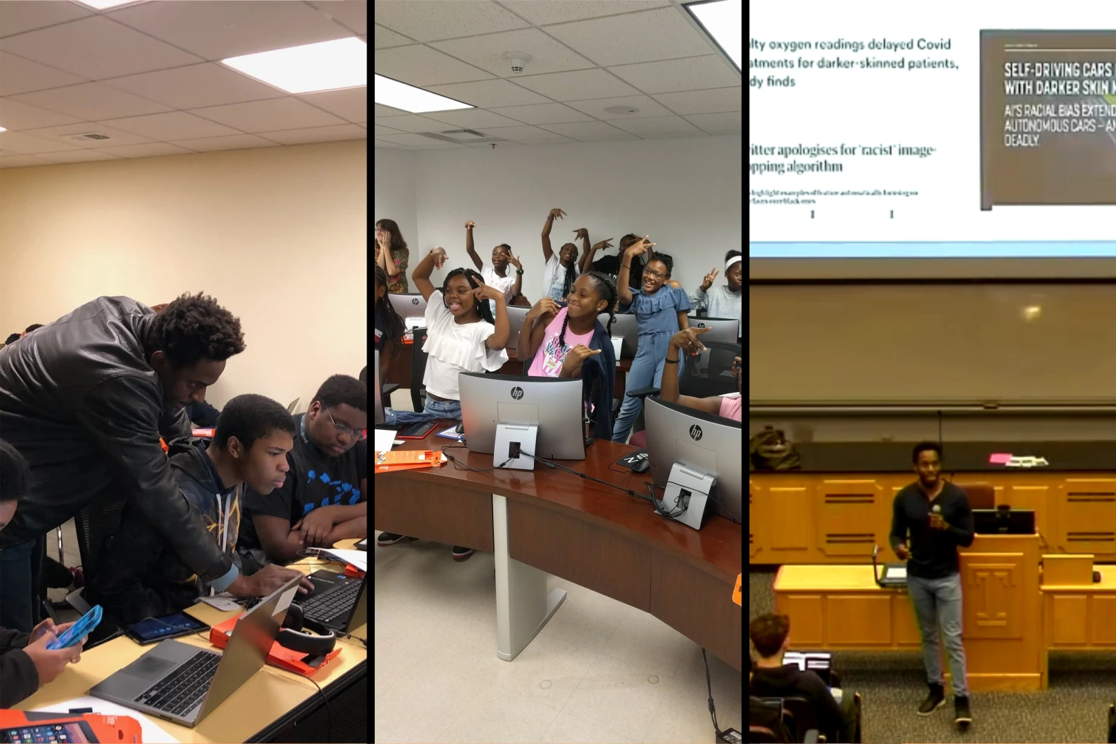 Karl teaching children to code, as well as giving a college lecture on Self-driving cars and racial bias